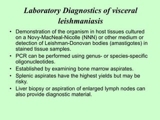 Laboratory Diagnostics of visceral
leishmaniasis
• Demonstration of the organism in host tissues cultured
on a Novy-MacNeal-Nicolle (NNN) or other medium or
detection of Leishman-Donovan bodies (amastigotes) in
stained tissue samples.
• PCR can be performed using genus- or species-specific
oligonucleotides.
• Established by examining bone marrow aspirates.
• Splenic aspirates have the highest yields but may be
risky.
• Liver biopsy or aspiration of enlarged lymph nodes can
also provide diagnostic material.
 