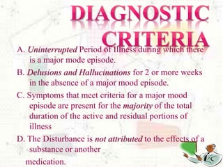 A. Uninterrupted Period of Illness during which there
is a major mode episode.
B. Delusions and Hallucinations for 2 or more weeks
in the absence of a major mood episode.
C. Symptoms that meet criteria for a major mood
episode are present for the majority of the total
duration of the active and residual portions of
illness
D. The Disturbance is not attributed to the effects of a
substance or another
medication.
 