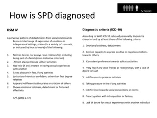 How is SPD diagnosed
DSM IV
A pervasive pattern of detachments from social relationships
& a restricted range of expression of emotions in
interpersonal settings, present in a variety of contexts,
as indicated by four (or more) of the following:
1. Neither desires nor enjoys close relationships including
being part of a family (most indicative criterion)
2. Almost always chooses solitary activities
3. Has little (if any) interest in having sexual experiences
with another
4. Takes pleasure in few, if any activities
5. Lacks close friends or confidants other than first degree
relatives
6. Appears indifferent to the praise or criticism of others
7. Shows emotional coldness, detachment or flattened
affectivity
APA (2000 p. 67)
Diagnostic criteria (ICD-10)
According to WHO ICD-10, schizoid personality disorder is
characterized by at least three of the following criteria:
1. Emotional coldness, detachment
2. Limited capacity to express positive or negative emotions
towards others
3. Consistent preference towards solitary activities
4. Very few if any close friends or relationships, with a lack of
desire for such
5. Indifference to praise or criticism
6. Taking pleasure in few if any activities
7. Indifference towards social conventions or norms
8. Preoccupation with introspection or fantasy
9. Lack of desire for sexual experiences with another individual
 