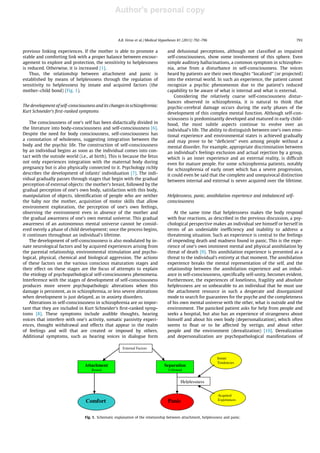 Author's personal copy
previous linking experiences. If the mother is able to promote a
stable and comforting link with a proper balance between encour-
agement to explore and protection, the sensitivity to helplessness
is reduced. Otherwise, it is increased [1].
Thus, the relationship between attachment and panic is
established by means of helplessness through the regulation of
sensitivity to helplessness by innate and acquired factors (the
mother–child bond) (Fig. 1).
The development of self-consciousness and its changes in schizophrenia:
Kurt Schneider’s ﬁrst-ranked symptoms
The consciousness of one’s self has been didactically divided in
the literature into body-consciousness and self-consciousness [6].
Despite the need for body consciousness, self-consciousness has
a connotation of wholeness, suggesting integration between the
body and the psychic life. The construction of self-consciousness
by an individual begins as soon as the individual comes into con-
tact with the outside world (i.e., at birth). This is because the fetus
not only experiences integration with the maternal body during
pregnancy but is also physically connected to it. Psychology richly
describes the development of infants’ individuation [7]. The indi-
vidual gradually passes through stages that begin with the gradual
perception of external objects: the mother’s breast, followed by the
gradual perception of one’s own body, satisfaction with this body,
manipulation of objects, identiﬁcation of people who are neither
the baby nor the mother, acquisition of motor skills that allow
environment exploration, the perception of one’s own feelings,
observing the environment even in absence of the mother and
the gradual awareness of one’s own mental universe. This gradual
awareness of an autonomous mental universe cannot be consid-
ered merely a phase of child development; once the process begins,
it continues throughout an individual’s lifetime.
The development of self-consciousness is also modulated by in-
nate neurological factors and by acquired experiences arising from
the parental relationship, environmental stimulation and psycho-
logical, physical, chemical and biological aggression. The actions
of these factors on the various conscious maturation stages and
their effect on these stages are the focus of attempts to explain
the etiology of psychopathological self-consciousness phenomena.
Interference with the stages of development of self-consciousness
produces more severe psychopathologic alterations when this
damage is persistent, as in schizophrenia, or less severe alterations
when development is just delayed, as in anxiety disorders.
Alterations in self-consciousness in schizophrenia are so impor-
tant that they are included in Kurt Schneider’s ﬁrst-ranked symp-
toms [8]. These symptoms include audible thoughts, hearing
voices that interfere with one’s activity, somatic passivity experi-
ences, thought withdrawal and effects that appear in the realm
of feelings and will that are created or imposed by others.
Additional symptoms, such as hearing voices in dialogue form
and delusional perceptions, although not classiﬁed as impaired
self-consciousness, show some involvement of this sphere. Even
simple auditory hallucinations, a common symptom in schizophre-
nia, arise from a disturbance in self-consciousness. The voices
heard by patients are their own thoughts ‘‘localized’’ (or projected)
into the external world. In such an experience, the patient cannot
recognize a psychic phenomenon due to the patient’s reduced
capability to be aware of what is internal and what is external.
Considering the relatively coarse self-consciousness distur-
bances observed in schizophrenia, it is natural to think that
psychic-cerebral damage occurs during the early phases of the
development of this complex mental function. Although self-con-
sciousness is predominantly developed and matured in early child-
hood, the most subtle aspects continue to evolve over an
individual’s life. The ability to distinguish between one’s own emo-
tional experience and environmental states is achieved gradually
and may prove to be ‘‘deﬁcient’’ even among people without a
mental disorder. For example, appropriate discrimination between
an individual’s feelings exclusion and actual rejection by a group,
which is an inner experience and an external reality, is difﬁcult
even for mature people. For some schizophrenia patients, notably
for schizophrenia of early onset which has a severe progression,
it could even be said that the complete and unequivocal distinction
between internal and external is never acquired over the lifetime.
Helplessness, panic, annihilation experience and imbalanced self-
consciousness
At the same time that helplessness makes the body respond
with fear reactions, as described in the previous discussion, a psy-
chological perspective makes an individual see himself or herself in
terms of an undeniable inefﬁciency and inability to address a
threatening situation. Such an experience is central to the feelings
of impending death and madness found in panic. This is the expe-
rience of one’s own imminent mental and physical annihilation by
threat of death [9]. This annihilation experience is presented as a
threat to the individual’s entirety at that moment. The annihilation
experience breaks the mental representation of the self, and the
relationship between the annihilation experience and an imbal-
ance in self-consciousness, speciﬁcally self-unity, becomes evident.
Furthermore, the experiences of loneliness, fragility and absolute
helplessness are so unbearable to an individual that he must use
the attachment resource in such a desperate and disorganized
mode to search for guarantees for the psyche and the completeness
of his own mental universe with the other, what is outside and the
environment. The panicked patient asks for help from people and
seeks a hospital, but also has an experience of strangeness about
himself and about his own body (depersonalization), which often
seems to ﬂoat or to be affected by vertigo, and about other
people and the environment (derealization) [10]. Derealization
and depersonalization are psychopathological manifestations of
Attachment
Bound
Separation
Unbound
Comfort Panic
Helplessness
Innate
Tendencies
Acquired
Experiences
External Factors
Fig. 1. Schematic explanation of the relationship between attachment, helplessness and panic.
A.B. Veras et al. / Medical Hypotheses 81 (2013) 792–796 793
 