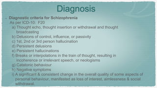 Diagnosis
Diagnostic criteria for Schizophrenia
As per ICD-10: F20
a) Thought echo, thought insertion or withdrawal and thought
broadcasting
b) Delusions of control, influence, or passivity
c) 1st, 2nd or 3rd person hallucination
d) Persistent delusions
e) Persistent hallucinations
f) Breaks or interpolations in the train of thought, resulting in
incoherence or irrelevant speech, or neologisms
g) Catatonic behaviour
h) Negative symptoms
i) A significant & consistent change in the overall quality of some aspects of
personal behaviour, manifested as loss of interest, aimlessness & social
withdrawal.
 
