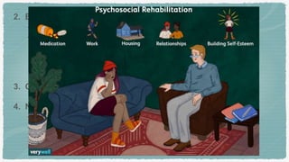2. E.C.T. (Electro-convulsive Therapy)
- In adult patients, not responding to drug therapy.
- Indications:
~ Acute exacerbation, not controlled with drugs
~ Risk of suicide, homicide
~ Catatonic stupor
3. C.B.T. (Cognitive Behavioural Therapy)
4. Non-pharmacological:
- Psycho-education (individual therapy)
- Family therapy
- Social skills training
- Rehabilitation and supported employment
 