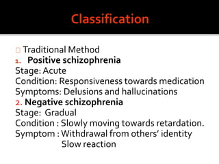 Traditional Method
1. Positive schizophrenia
Stage:Acute
Condition: Responsiveness towards medication
Symptoms: Delusions and hallucinations
2. Negative schizophrenia
Stage: Gradual
Condition : Slowly moving towards retardation.
Symptom :Withdrawal from others’ identity
Slow reaction
 