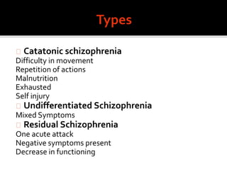 Catatonic schizophrenia
Difficulty in movement
Repetition of actions
Malnutrition
Exhausted
Self injury
Undifferentiated Schizophrenia
Mixed Symptoms
Residual Schizophrenia
One acute attack
Negative symptoms present
Decrease in functioning
 