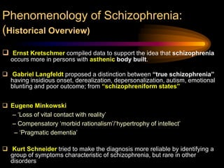 Phenomenology of Schizophrenia:(Historical Overview)Bleulerviewed some of the most frequent & striking symptoms were accessory (or secondary). These include- hallucinations, delusions, catatonia & abnormal behavior.