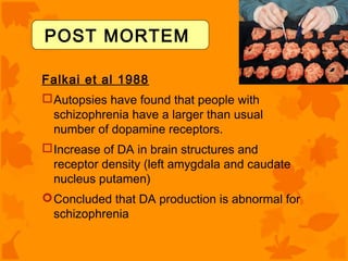 POST MORTEM

Falkai et al 1988
 Autopsies have found that people with
  schizophrenia have a larger than usual
  number of dopamine receptors.
 Increase of DA in brain structures and
  receptor density (left amygdala and caudate
  nucleus putamen)
 Concluded that DA production is abnormal for
  schizophrenia
 