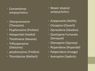• Conventional
antipsychotics:
• Chlorpromazine
(Thorazine)
• Fluphenazine (Prolixin)
• Haloperidol (Haldol)
• Thiothixene (Navane)
• Trifluoperazine
(Stelazine)
• perphenazine (Trilafon)
• Thioridazine (Mellaril)
• Newer atypical
antipsychotics:
• Aripiprazole (Abilify)
• Clozapine (Clozaril)
• Ziprasidone (Geodon)
• Quetiapine Fumarate
(Seroquel)
• Olanzapine (Zyprexa)
• Risperidone (Risperdal)
• Paliperidone (Invega)
• Asenapine (Saphris)
 