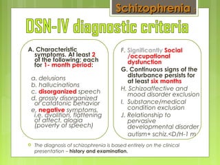 F. Significantly Social
/occupational
dysfunction
G. Continuous signs of the
disturbance persists for
at least six months
H. Schizoaffective and
mood disorder exclusion
I. Substance/medical
condition exclusion
J. Relationship to
pervasive
developmental disorder
autism+ schiz.<D/H-1 m
A. Characteristic
symptoms. At least 2
of the following; each
for 1- month period:
a. delusions
b. hallucinations
c. disorganized speech
d. grossly disorganized
or catatonic behavior
e. negative symptoms,
i.e. avolition, flattening
of affect, alogia
(poverty of speech)
 The diagnosis of schizophrenia is based entirely on the clinical
presentation – history and examination.
SchizophreniaSchizophrenia ::
 