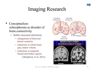Imaging Research
 Conceptualizes
schizophrenia as disorder of
brain connectivity
– Subtle structural alterations
– enlargement of third and
lateral ventricles
– reductions in whole-brain
gray matter volume
– reductions in temporal,
frontal and limbic regions
- (Shepherd, et al, 2012)
Ms. Jinu Abraham, IMHANS, Calicut 36
 
