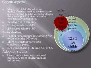 Genetic aspects:
a) Many psychiatric disorders are
multifactorial (caused by the interaction
of external and genetic factors) and from
the genetic point of view very often
polygenically determined.
b) Tend to run in families.
c) 1st degree relative-10%
d) 2nd degree relative- 3%
Twin studies:
a) Higher concordance rate among MZ
twins than the DZ twins
b) More discordant pairs than
concordant pairs.
c) 50% gene sharing- lifetime risk of 6%
Adoption studies:
a) Overcomes a true separation of
hereditary from environmental
influences.
1% for
normal
populati
on5.6% for
parents
12.8%
for
childr
en
Relati
ve
risk
for
schizo
phren
ia
 