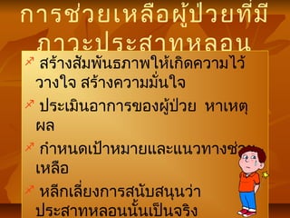 การช่วยเหลือผู้ป่วยที่มี
ภาวะประสาทหลอน
 สร้างสัมพันธภาพให้เกิดความไว้
วางใจ สร้างความมั่นใจ
 ประเมินอาการของผู้ป่วย หาเหตุ
ผล
 กำาหนดเป้าหมายและแนวทางช่วย
เหลือ
 หลีกเลี่ยงการสนับสนุนว่า
ประสาทหลอนนั้นเป็นจริง
 