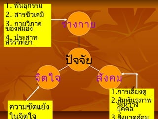 จิตใจ สังคม
ร่างกาย
ปัจจัย
1. พันธุกรรม
2. สารชีวเคมี
3. กายวิภาค
ของสมอง
4. ประสาท
สรีรวิทยา
1.การเลี้ยงดู
2.สัมพันธภาพ
ระหว่าง
บุคคลความขัดแย้ง
ในจิตใจ
 