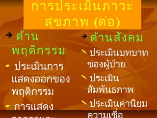 การประเมินภาวะ
สุขภาพ (ต่อ)
 ด้าน
พฤติกรรม
 ประเมินการ
แสดงออกของ
พฤติกรรม
 การแสดง

ด้านสังคม
 ประเมินบทบาท
ของผู้ป่วย
 ประเมิน
สัมพันธภาพ
 ประเมินค่านิยม
 