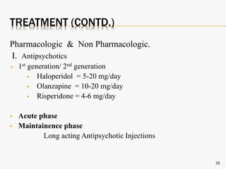TREATMENT (CONTD.)
Pharmacologic & Non Pharmacologic.
I. Antipsychotics
 1st generation/ 2nd generation
 Haloperidol = 5-20 mg/day
 Olanzapine = 10-20 mg/day
 Risperidone = 4-6 mg/day
 Acute phase
 Maintainence phase
Long acting Antipsychotic Injections
25
 