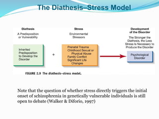 The Diathesis–Stress Model
Note that the question of whether stress directly triggers the initial
onset of schizophrenia in genetically vulnerable individuals is still
open to debate (Walker & Diforio, 1997)
 