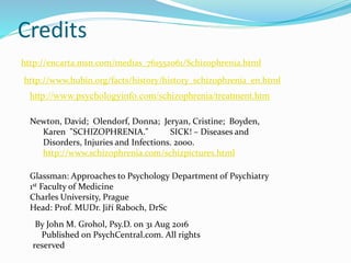http://www.hubin.org/facts/history/history_schizophrenia_en.html
http://encarta.msn.com/medias_761552061/Schizophrenia.html
http://www.psychologyinfo.com/schizophrenia/treatment.htm
Newton, David; Olendorf, Donna; Jeryan, Cristine; Boyden,
Karen "SCHIZOPHRENIA." SICK! – Diseases and
Disorders, Injuries and Infections. 2000.
http://www.schizophrenia.com/schizpictures.html
Glassman: Approaches to Psychology Department of Psychiatry
1st Faculty of Medicine
Charles University, Prague
Head: Prof. MUDr. Jiří Raboch, DrSc
Credits
By John M. Grohol, Psy.D. on 31 Aug 2016
Published on PsychCentral.com. All rights
reserved
 