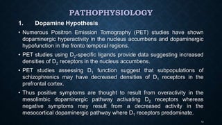 PATHOPHYSIOLOGY
1. Dopamine Hypothesis
• Numerous Positron Emission Tomography (PET) studies have shown
dopaminergic hyperactivity in the nucleus accumbens and dopaminergic
hypofunction in the fronto temporal regions.
• PET studies using D2-specific ligands provide data suggesting increased
densities of D2 receptors in the nucleus accumbens.
• PET studies assessing D1 function suggest that subpopulations of
schizophrenics may have decreased densities of D1 receptors in the
prefrontal cortex.
• Thus positive symptoms are thought to result from overactivity in the
mesolimbic dopaminergic pathway activating D2 receptors whereas
negative symptoms may result from a decreased activity in the
mesocortical dopaminergic pathway where D1 receptors predominate.
13
 