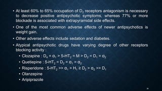 36
• At least 60% to 65% occupation of D2 receptors antagonism is necessary
to decrease positive antipsychotic symptoms, whereas 77% or more
blockade is associated with extrapyramidal side effects.
• One of the most common adverse effects of newer antipsychotics is
weight gain.
• Other adverse effects include sedation and diabetes.
• Atypical antipsychotic drugs have varying degree of other receptors
blocking activity :
• Clozapine : D4 = α1 ˃ 5-HT2 = M ˃ D2 = D1 = α2
• Quetiepine : 5-HT2 = D2 = α1 = α2
• Risperidone : 5-HT2 ˃˃ α1 ˃ H1 ≥ D2 ˃ α2 ˃˃ D1
• Olanzepine
• Aripiprazole
 