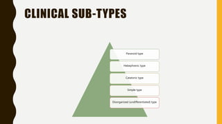 CLINICAL SUB-TYPES
Paranoid type
Hebephrenic type
Catatonic type
Simple type
Disorganized (undifferentiated) type
 