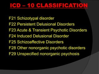 ICD – 10 CLASSIFICATION
F21 Schizotypal disorder
F22 Persistent Delusional Disorders
F23 Acute & Transient Psychotic Disorders
F24 Induced Delusional Disorder
F25 Schizoaffective Disorders
F28 Other nonorganic psychotic disorders
F29 Unspecified nonorganic psychosis
 