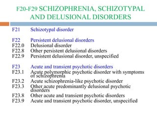 F20-F29 SCHIZOPHRENIA, SCHIZOTYPAL
AND DELUSIONAL DISORDERS
F21 Schizotypal disorder
F22 Persistent delusional disorders
F22.0 Delusional disorder
F22.8 Other persistent delusional disorders
F22.9 Persistent delusional disorder, unspecified
F23 Acute and transient psychotic disorders
F23.1 Acute polymorphic psychotic disorder with symptoms
of schizophrenia
F23.2 Acute schizophrenia-like psychotic disorder
F23.3 Other acute predominantly delusional psychotic
disorders
F23.8 Other acute and transient psychotic disorders
F23.9 Acute and transient psychotic disorder, unspecified
 