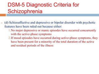 DSM-5 Diagnostic Criteria for
Schizophrenia
 (d) Schizoaffective and depressive or bipolar disorder with psychotic
features have been ruled out because either:
1.No major depressive or manic episodes have occurred concurrently
with the active-phase symptoms
2.If mood episodes have occurred during active-phase symptoms, they
have been present for a minority of the total duration of the active
and residual periods of the illness
 