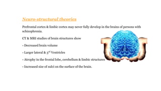 Neuro-structural theories
Prefrontal cortex & limbic cortex may never fully develop in the brains of persons with
schizophrenia.
CT & MRI studies of brain structures show
- Decreased brain volume
- Larger lateral & 3rd
Ventricles
- Atrophy in the frontal lobe, cerebellum & limbic structures
- Increased size of sulci on the surface of the brain.
 