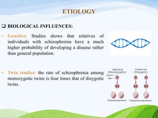 ETIOLOGY
 BIOLOGICAL INFLUENCES:
• Genetics: Studies shows that relatives of
individuals with schizophrenia have a much
higher probability of developing a disease rather
than general population.
• Twin studies: the rate of schizophrenia among
monozygotic twins is four times that of dizygotic
twins.
 