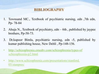 BIBLIOGRAPHY
1. Townsand MC., Textbook of psychiatric nursing, edn ,7th edn,
Pp- 78-84
2. Ahuja N., Textbook of psychiatry, edn – 6th , published by jaypee
brothers, Pp-58-73.
3. Dr.kapoor Bimla, psychiatric nursing, edn -5, published by
kumar publishing house, New Dehli , Pp-148-156.
• http://schizophrenia.emedtv.com/schizophrenia/types-of
schizophrenia-p2.html
• http://www.schizophrenia.com/presentations/stanford.
05/stanpres/
 