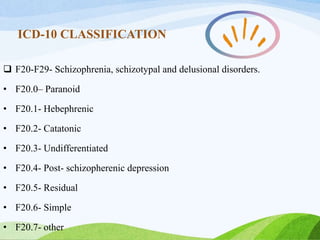ICD-10 CLASSIFICATION
 F20-F29- Schizophrenia, schizotypal and delusional disorders.
• F20.0– Paranoid
• F20.1- Hebephrenic
• F20.2- Catatonic
• F20.3- Undifferentiated
• F20.4- Post- schizopherenic depression
• F20.5- Residual
• F20.6- Simple
• F20.7- other
 