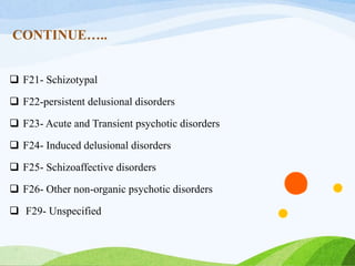 CONTINUE…..
 F21- Schizotypal
 F22-persistent delusional disorders
 F23- Acute and Transient psychotic disorders
 F24- Induced delusional disorders
 F25- Schizoaffective disorders
 F26- Other non-organic psychotic disorders
 F29- Unspecified
 