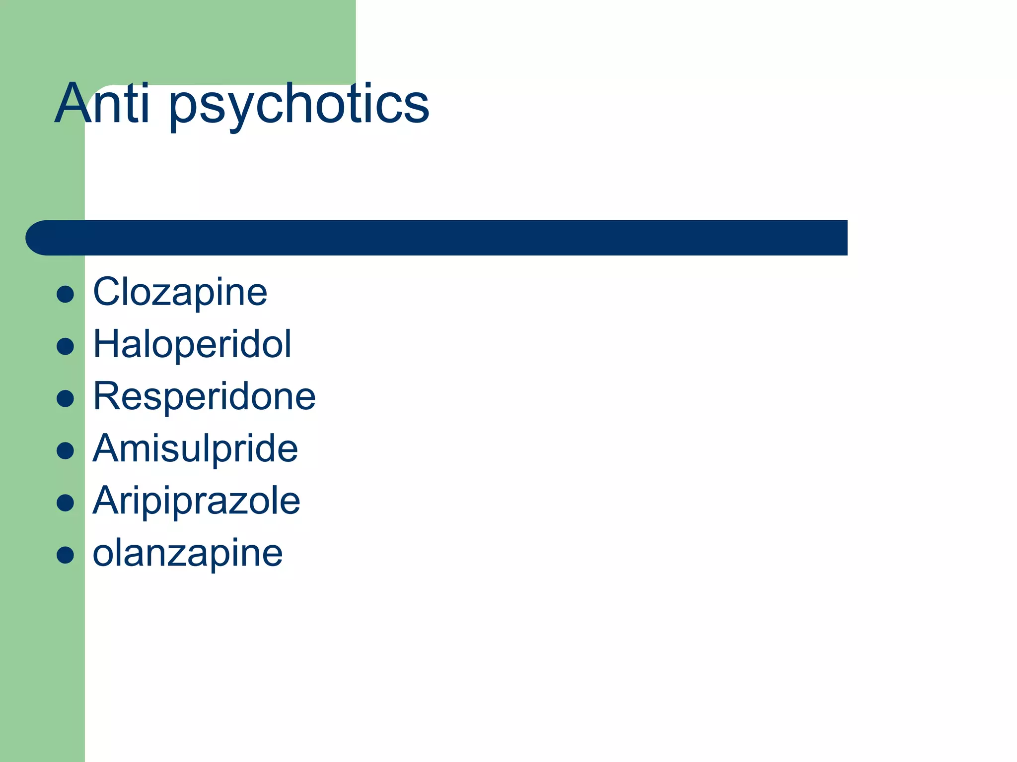 Anti psychotics Clozapine Haloperidol Resperidone Amisulpride Aripiprazole olanzapine 