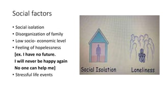 Social factors
• Social isolation
• Disorganization of family
• Low socio- economic level
• Feeling of hopelessness
[ex. I have no future.
I will never be happy again
No one can help me]
• Stressful life events
 