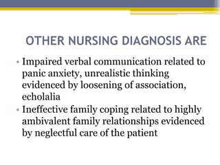OTHER NURSING DIAGNOSIS ARE
• Impaired verbal communication related to
panic anxiety, unrealistic thinking
evidenced by loosening of association,
echolalia
• Ineffective family coping related to highly
ambivalent family relationships evidenced
by neglectful care of the patient
 