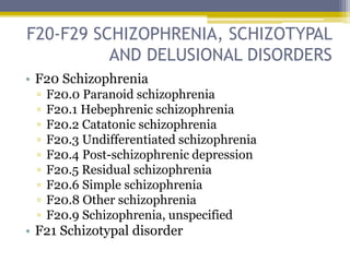 F20-F29 SCHIZOPHRENIA, SCHIZOTYPAL
AND DELUSIONAL DISORDERS
• F20 Schizophrenia
▫ F20.0 Paranoid schizophrenia
▫ F20.1 Hebephrenic schizophrenia
▫ F20.2 Catatonic schizophrenia
▫ F20.3 Undifferentiated schizophrenia
▫ F20.4 Post-schizophrenic depression
▫ F20.5 Residual schizophrenia
▫ F20.6 Simple schizophrenia
▫ F20.8 Other schizophrenia
▫ F20.9 Schizophrenia, unspecified
• F21 Schizotypal disorder
 