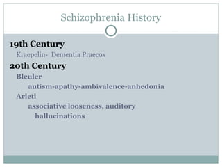 Schizophrenia History

19th Century
 Kraepelin- Dementia Praecox
20th Century
 Bleuler
    autism-apathy-ambivalence-anhedonia
 Arieti
    associative looseness, auditory
      hallucinations
 