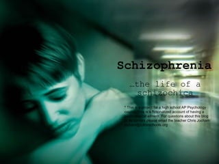 Schizophrenia … the life of a schizochica * This is a project for a high school AP Psychology course. This is a fictionalized account of having a psychological ailment. For questions about this blog or its content please email the teacher Chris Jocham: jocham@fultonschools.org 