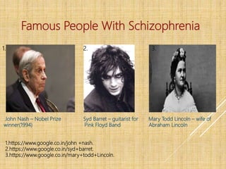 Famous People With Schizophrenia
John Nash – Nobel Prize Syd Barret – guitarist for Mary Todd Lincoln – wife of
winner(1994) Pink Floyd Band Abraham Lincoln
1.https://www.google.co.in/john +nash.
2.https://www.google.co.in/syd+barret.
3.https://www.google.co.in/mary+todd+Lincoln.
1. 2. 3.
 