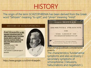 HISTORY
The origin of the term SCHIZOPHRENIA has been derived from the Greek
word “Skhizein” meaning “to split”, and “phren” meaning “mind”.
https://www.goodreads.com/dementia
praecox
The characteristics/ fundamental
symptoms and also accessory /
secondary symptoms of
schizophrenia ( Delusions,
hallucinations and negativism ).
https://www.google.co.in/Emil+Kraepelin.
 