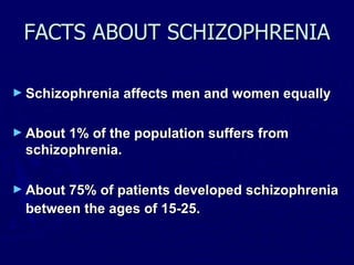 FACTS ABOUT SCHIZOPHRENIA Schizophrenia affects men and women equally  About 1% of the population suffers from schizophrenia.  About 75% of patients developed schizophrenia between the ages of 15-25.   