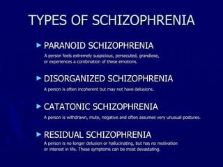 TYPES OF SCHIZOPHRENIA PARANOID SCHIZOPHRENIA   A person feels extremely suspicious, persecuted, grandiose, or experiences a combination of these emotions.   DISORGANIZED SCHIZOPHRENIA   A person is often incoherent but may not have delusions.   CATATONIC SCHIZOPHRENIA   A person is withdrawn, mute, negative and often assumes very unusual postures.   RESIDUAL SCHIZOPHRENIA   A person is no longer delusion or hallucinating, but has no motivation or interest in life. These symptoms can be most devastating.   