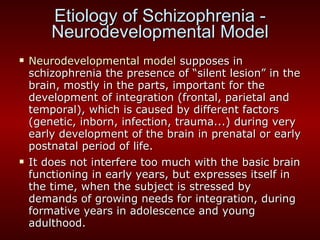 Etiology of Schizophrenia - Neurodevelopmental Model Neurodevelopmental model  supposes in schizophrenia the presence of “silent lesion” in the brain, mostly in the parts, important for the development of integration (frontal, parietal and temporal), which is caused by different factors (genetic, inborn, infection, trauma...) during very early development of the brain in prenatal or early postnatal period of life.  It does not interfere too much with the basic brain functioning in early years, but expresses itself in the time, when the subject is stressed by demands of growing needs for integration, during formative years in adolescence and young adulthood. 