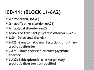 ICD-11: (BLOCK L1-6A2)
 Schizophrenia (6A20)
 Schizoaffective disorder (6A21)
 Schizotypal disorder (6A22)
 Acute and transient psychotic disorder (6A23)
 6A24- Delusional disorder
 6-A25 –Symptomatic manifestations of primary
psychotic disorder
 6-A2Y: Other specified primary psychotic
disorder
 6-A2Z: Schizophrenia or other primary
psychotic disorders, unspecified
 
