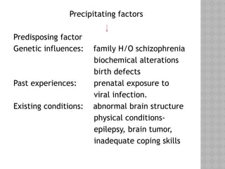 Precipitating factors
Predisposing factor
Genetic influences: family H/O schizophrenia
biochemical alterations
birth defects
Past experiences: prenatal exposure to
viral infection.
Existing conditions: abnormal brain structure
physical conditions-
epilepsy, brain tumor,
inadequate coping skills
 