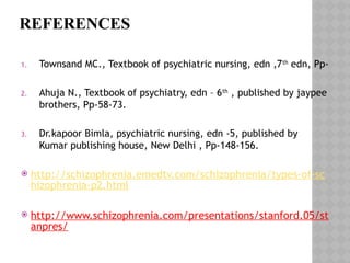 REFERENCES
1. Townsand MC., Textbook of psychiatric nursing, edn ,7th
edn, Pp-
2. Ahuja N., Textbook of psychiatry, edn – 6th
, published by jaypee
brothers, Pp-58-73.
3. Dr.kapoor Bimla, psychiatric nursing, edn -5, published by
Kumar publishing house, New Delhi , Pp-148-156.
 http://schizophrenia.emedtv.com/schizophrenia/types-of-sc
hizophrenia-p2.html
 http://www.schizophrenia.com/presentations/stanford.05/st
anpres/
 