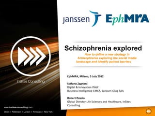 Schizophrenia explored
                                                                 How to define a new strategy in
                                                            Schizophrenia exploring the social media
                                                           landscape and identify patient barriers



                                                    EphMRA, Milano, 5 July 2012

                                                    Stefano Zagnoni
                                                    Digital & Innovation ITALY
                                                    Business intelligence EMEA, Janssen-Cilag SpA

                                                    Robert Dossin
                                                    Global Director Life Sciences and Healthcare, InSites
                                                    Consulting
www.insites-consulting.com

Ghent I Rotterdam I London I Timisoara I New York
 