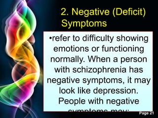 Free Powerpoint Templates
Page 21
2. Negative (Deficit)
Symptoms
•refer to difficulty showing
emotions or functioning
normally. When a person
with schizophrenia has
negative symptoms, it may
look like depression.
People with negative
symptoms may:
 
