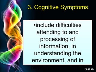Free Powerpoint Templates
Page 25
3. Cognitive Symptoms
•include difficulties
attending to and
processing of
information, in
understanding the
environment, and in
remembering simple
 