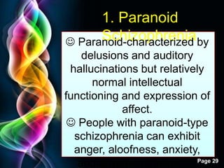 Free Powerpoint Templates
Page 29
1. Paranoid
Schizophrenia Paranoid-characterized by
delusions and auditory
hallucinations but relatively
normal intellectual
functioning and expression of
affect.
 People with paranoid-type
schizophrenia can exhibit
anger, aloofness, anxiety,
and argumentativeness.
 