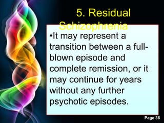 Free Powerpoint Templates
Page 36
5. Residual
Schizophrenia
•It may represent a
transition between a full-
blown episode and
complete remission, or it
may continue for years
without any further
psychotic episodes.
 
